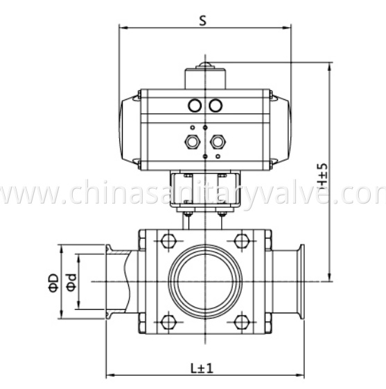 DIN Sanitary pneumatic square three way ball valves